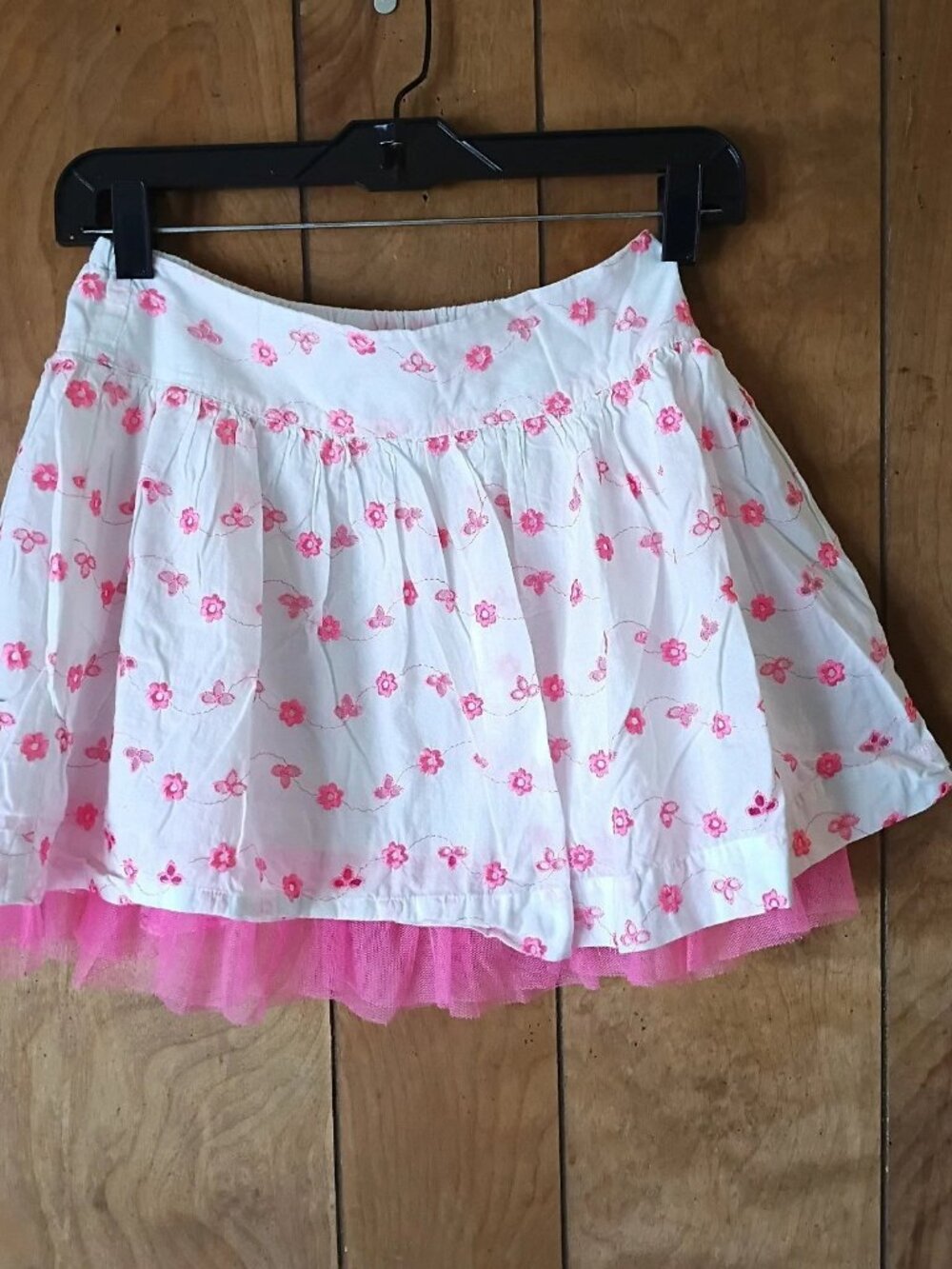 Justice Girls Size 10 White Pink Floral Skirt Elastic Waist Tulle Trim Cotton